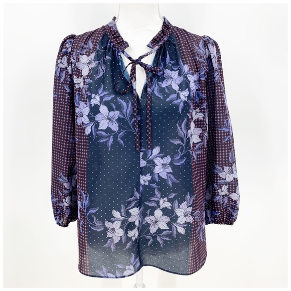 Shoshanna Tops - Shoshanna Mixed Floral Print Chiffon Ruffle Tie Neck 3/4 Sleeve Blouse S…